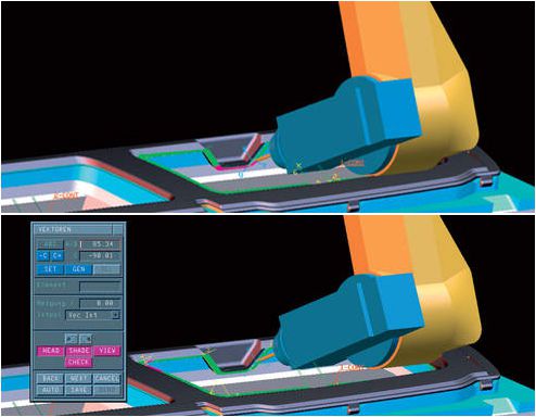 マウスドラッグによる加工機ヘッドの姿勢変更と自動チェック機能を併用することで、干渉の無い安定したツールパス作成が可能
