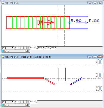 ケーブルラックは平断面連動作図に対応しています。断面側での立上げ下げ方向の指定ができ、折線を描くイメージで作図できます。