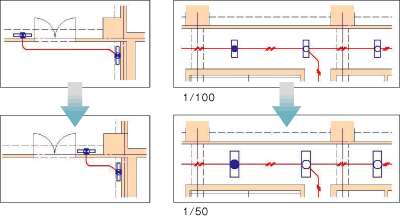 図面の縮尺変更時に、器具は最適サイズに自動変換されます。